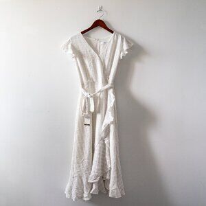 CALVIN KLEIN Women's White Pinstripe Textured Ruffle Faux-Wrap Midi Dress